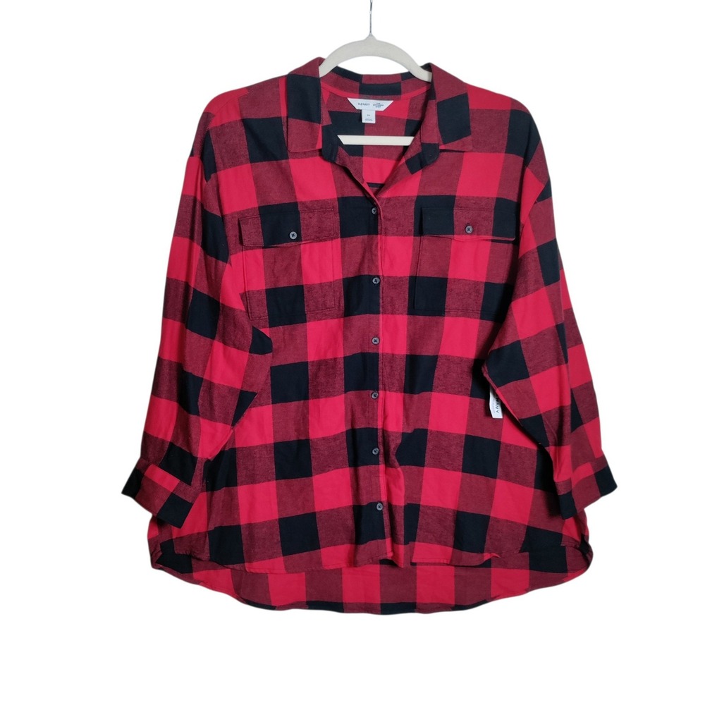 Old Navy Womens Red Black Buffalo Plaid Flannel Boyfriend Shirt 3X Button Down